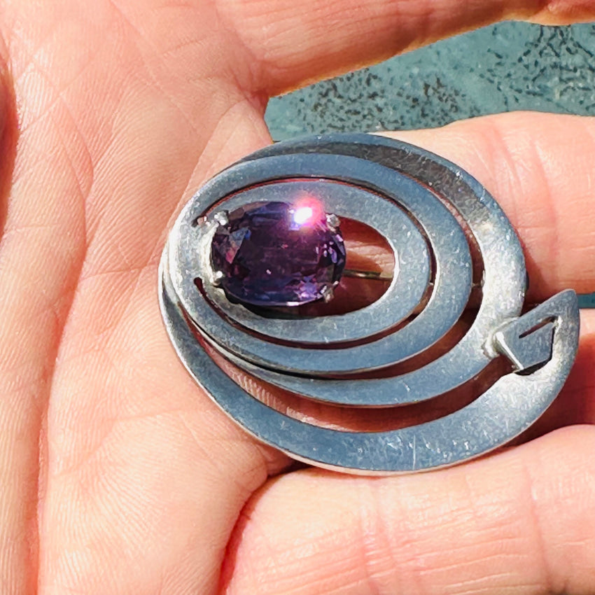 Vintage Mid-Century Mexican Sterling Silver & Alexandrite Pin Brooch