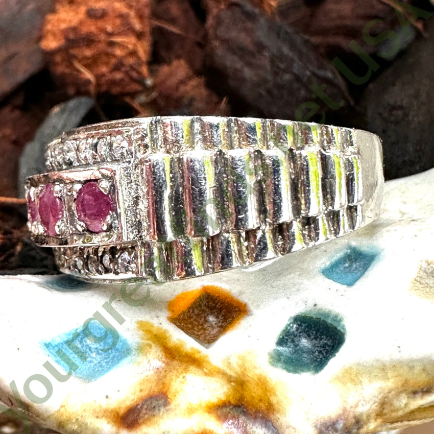 Vintage Mid-Century Sterling Silver Ruby & Diamond Ring 10 1/8