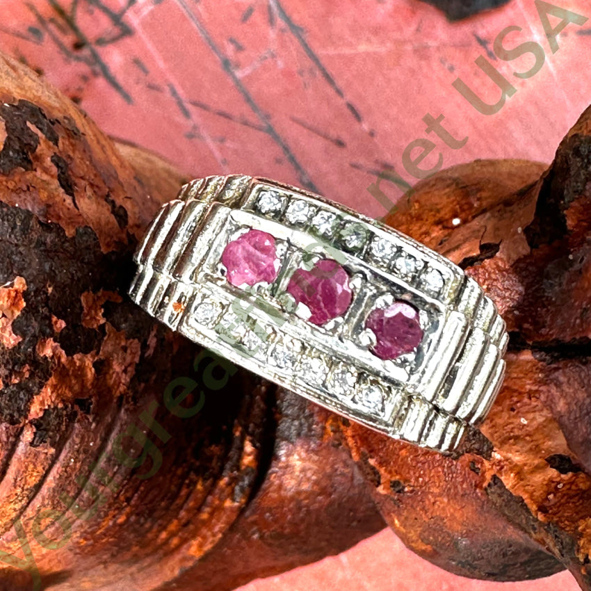 Vintage Mid-Century Sterling Silver Ruby & Diamond Ring 10 1/8