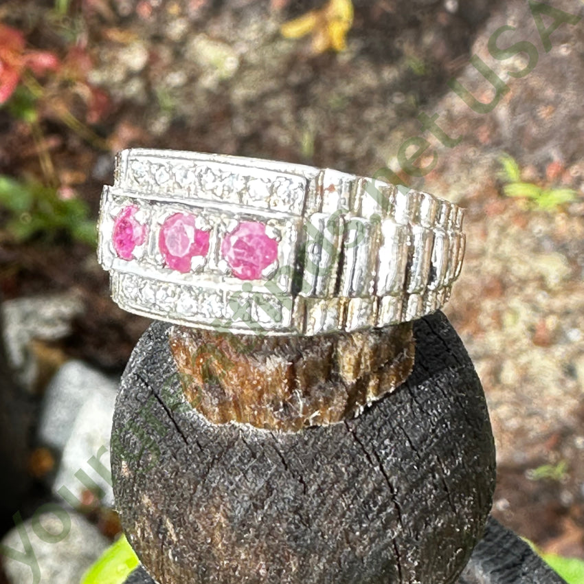 Vintage Mid-Century Sterling Silver Ruby & Diamond Ring 10 1/8