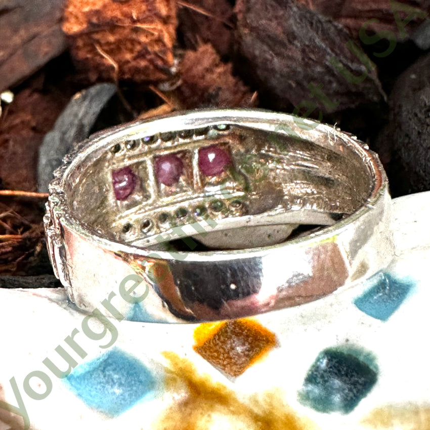 Vintage Mid-Century Sterling Silver Ruby & Diamond Ring 10 1/8