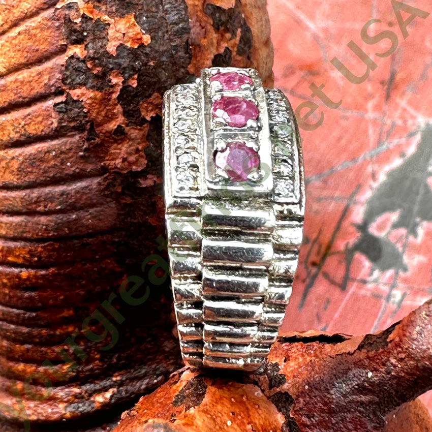 Vintage Mid-Century Sterling Silver Ruby & Diamond Ring 10 1/8