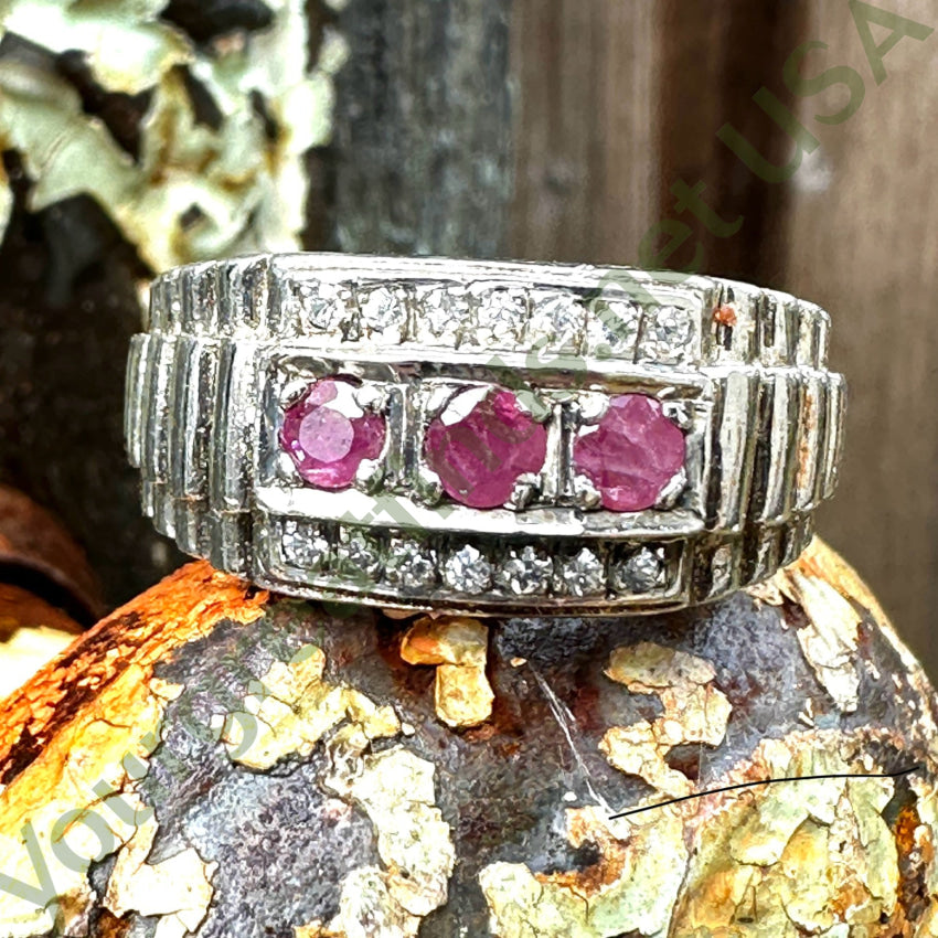 Vintage Mid-Century Sterling Silver Ruby & Diamond Ring 10 1/8