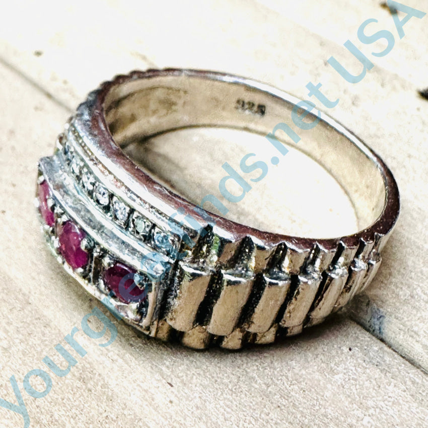 Vintage Mid-Century Sterling Silver Ruby & Diamond Ring 10 1/8