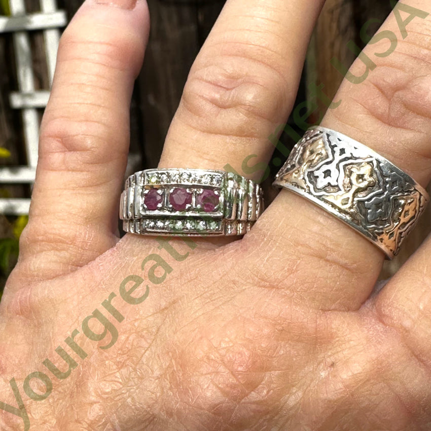 Vintage Mid-Century Sterling Silver Ruby & Diamond Ring 10 1/8