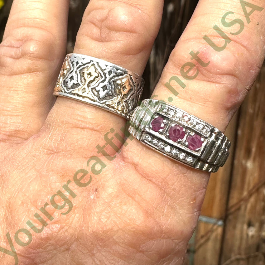 Vintage Mid-Century Sterling Silver Ruby & Diamond Ring 10 1/8