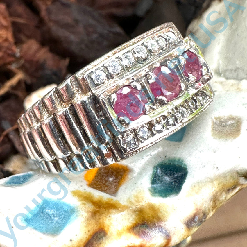 Vintage Mid-Century Sterling Silver Ruby & Diamond Ring 10 1/8