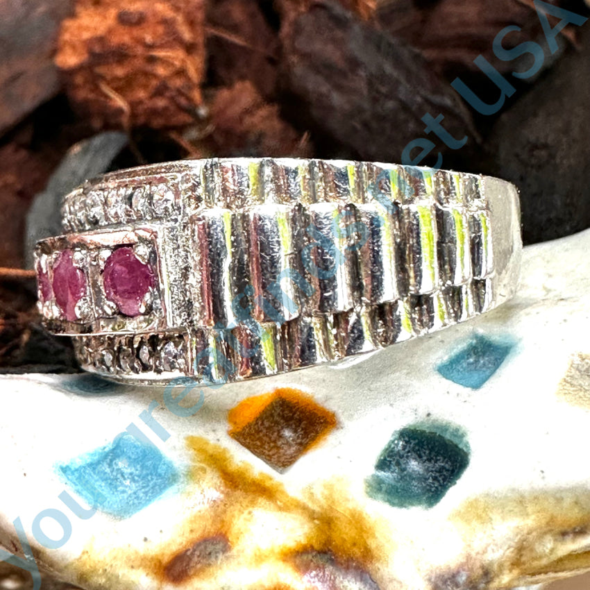 Vintage Mid-Century Sterling Silver Ruby &amp; Diamond Ring 10 1/8