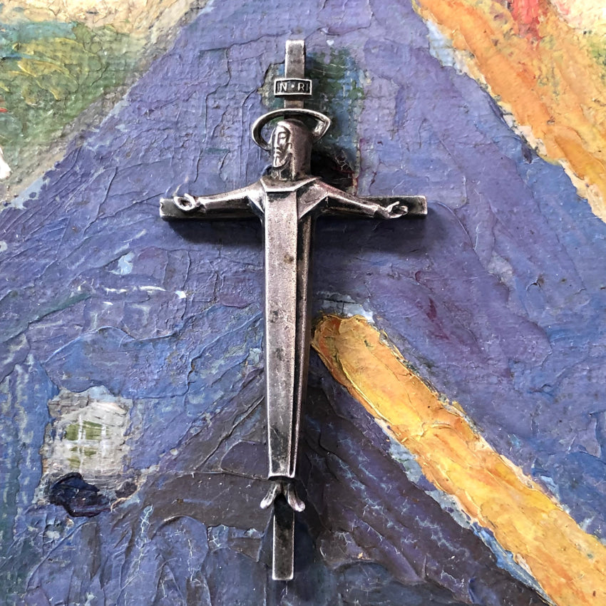 Vintage Modernist Large Sterling Silver Crucifix Pendant Creed Pendant