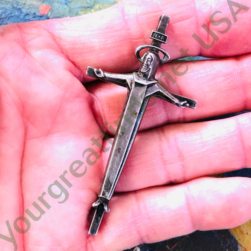 Vintage Modernist Large Sterling Silver Crucifix Pendant Creed Pendant