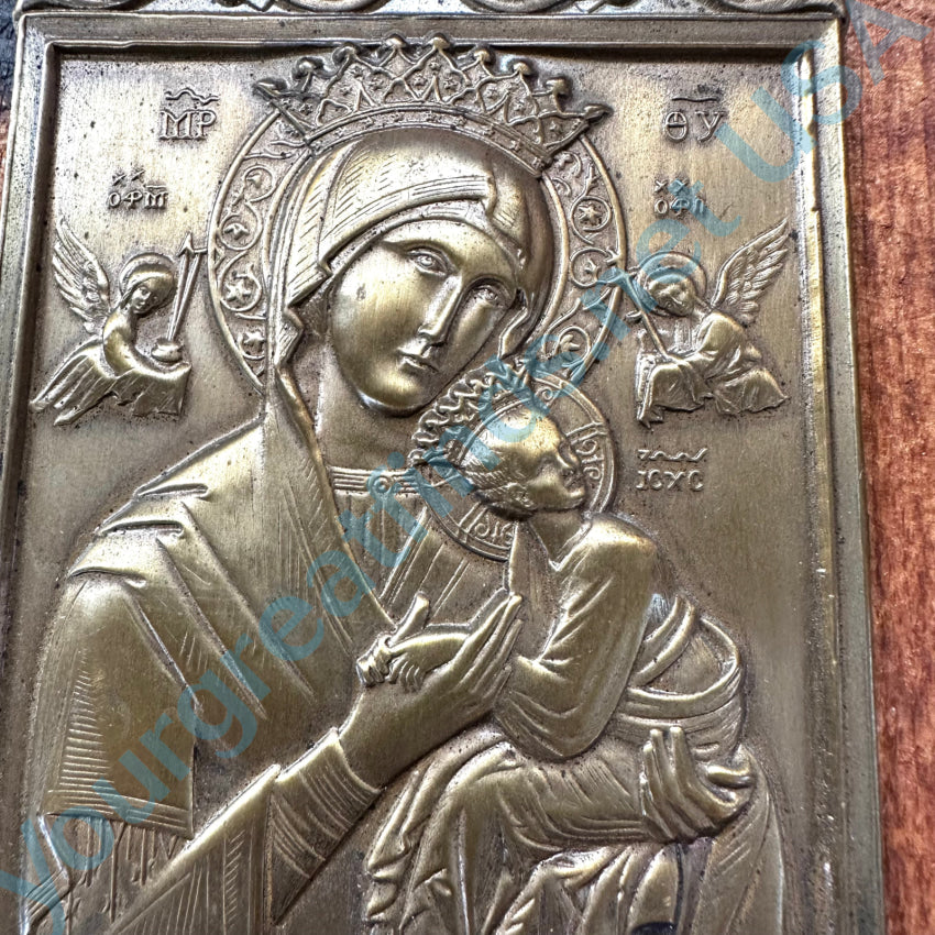 Vintage Mother Of Perpetual Help Brass Wall Plaque Antique Folk Art Painting