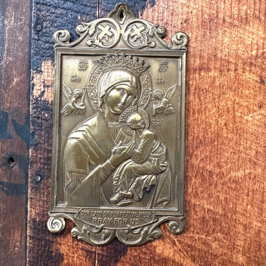 Vintage Mother Of Perpetual Help Brass Wall Plaque Antique Folk Art Painting