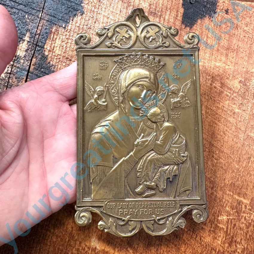 Vintage Mother Of Perpetual Help Brass Wall Plaque Antique Folk Art Painting