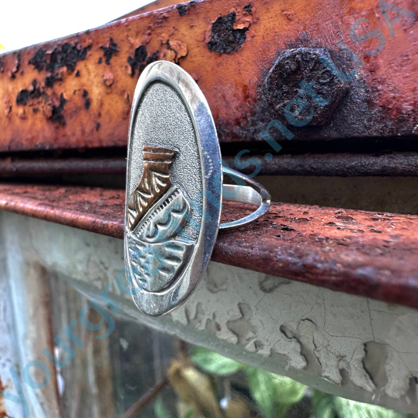 Vintage Na Sterling Silver & Gold Navajo Pot Themed Ring Ring