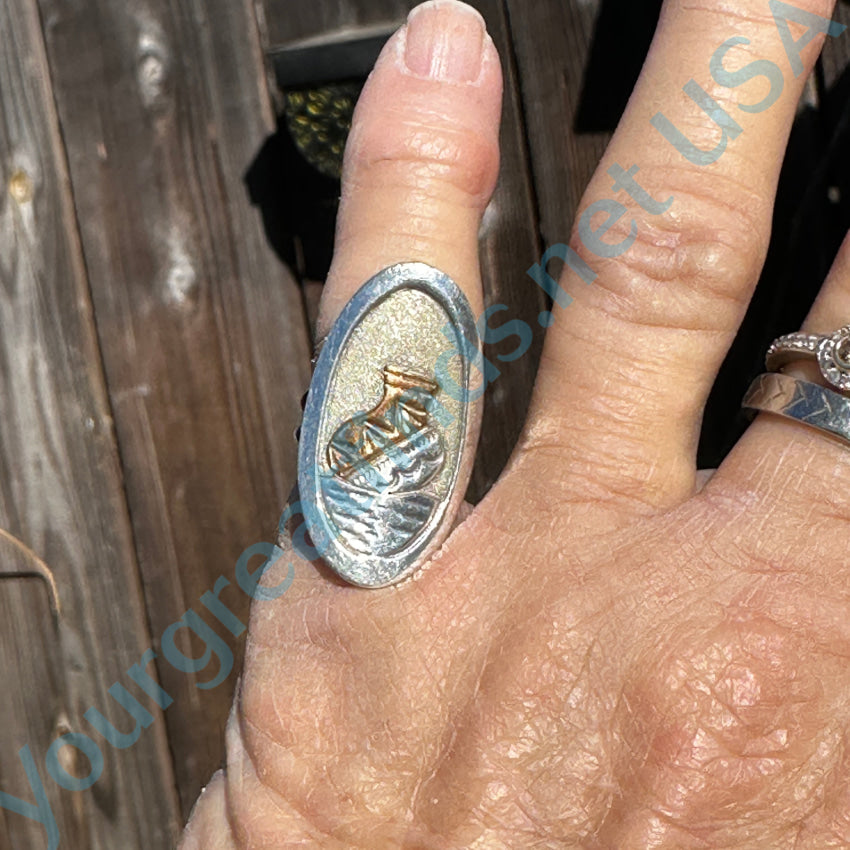 Vintage Na Sterling Silver & Gold Navajo Pot Themed Ring Ring