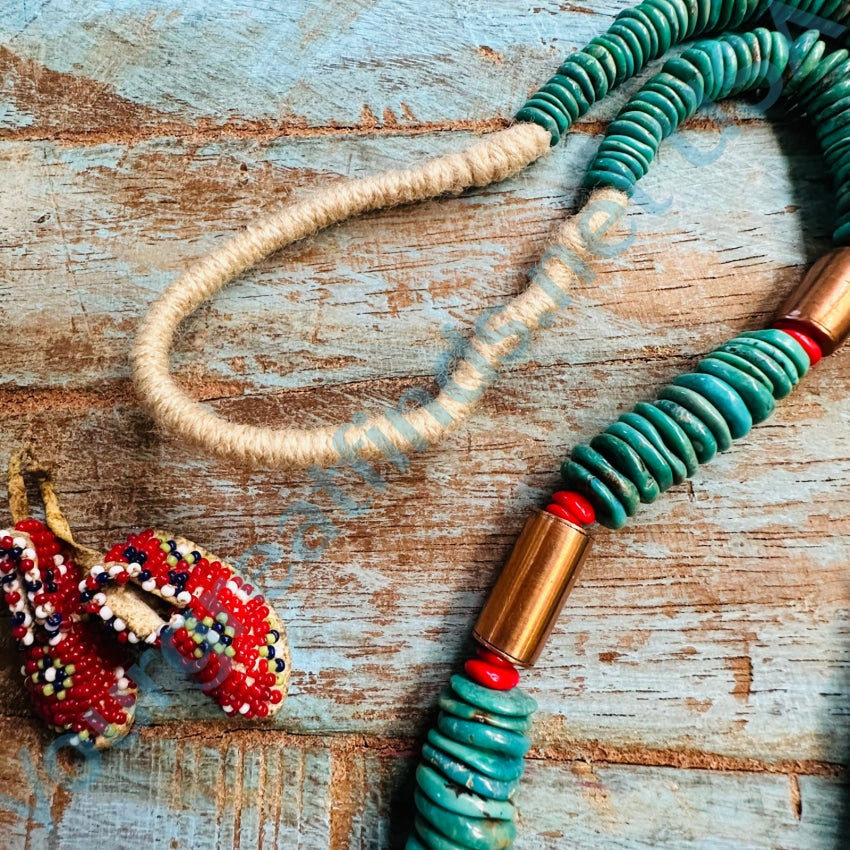 Vintage Native American Turqoise Coral And Copper Bead Long Necklace
