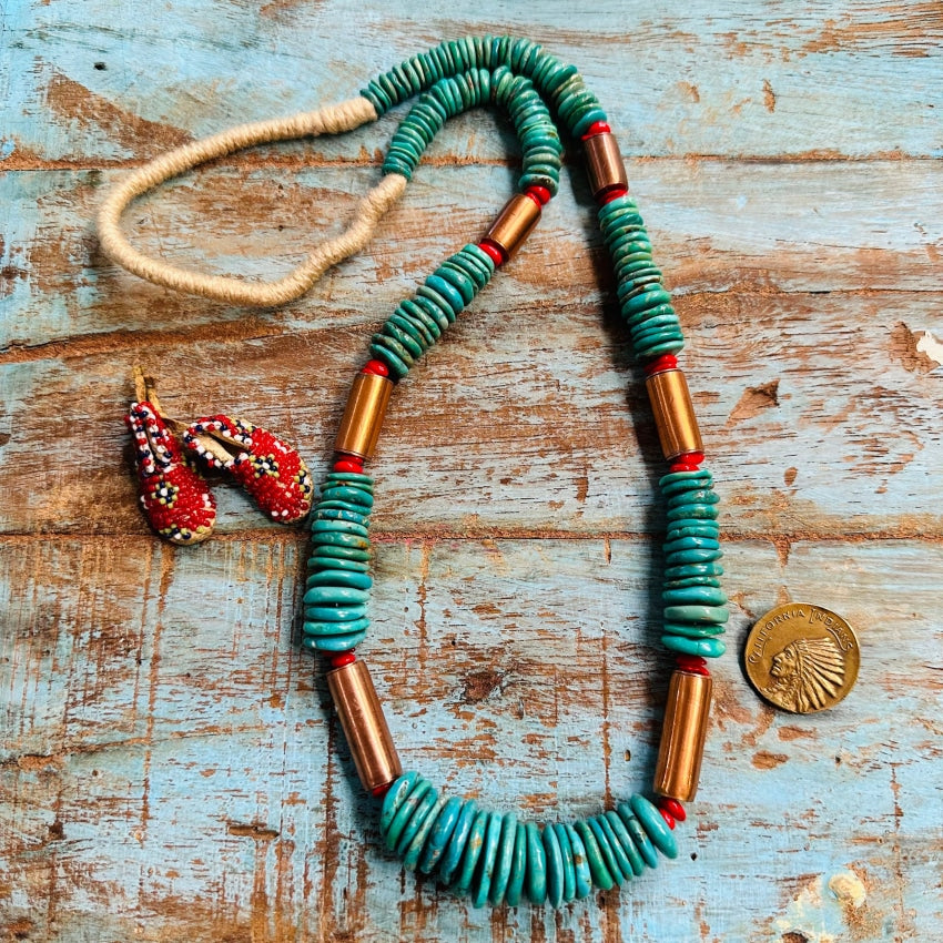 Vintage Native American Turqoise Coral and Copper Bead Long Necklace -  Yourgreatfinds