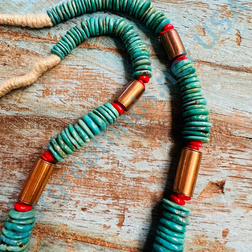 Vintage Native American Turqoise Coral And Copper Bead Long Necklace