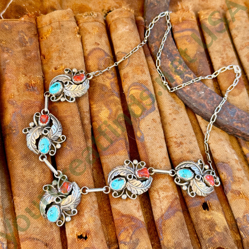 Vintage Navajo 5 Pendant Necklace Turquoise & Coral Sterling Silver necklace