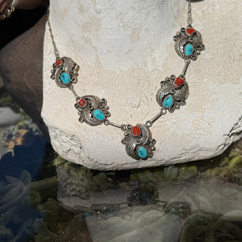 Vintage Navajo 5 Pendant Necklace Turquoise & Coral Sterling Silver necklace