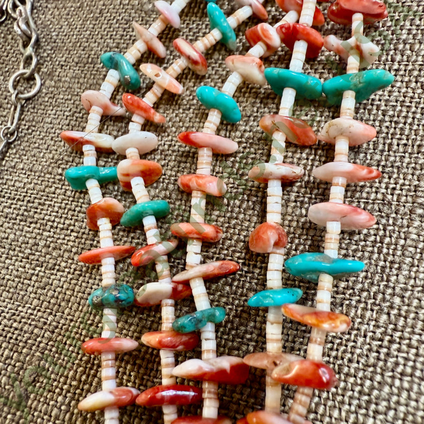Vintage Navajo 5 Strand Turquoise & Spiny Oyster Necklace