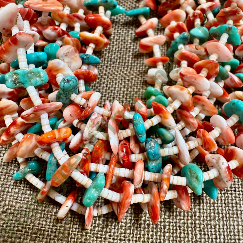 Vintage Navajo 5 Strand Turquoise & Spiny Oyster Necklace