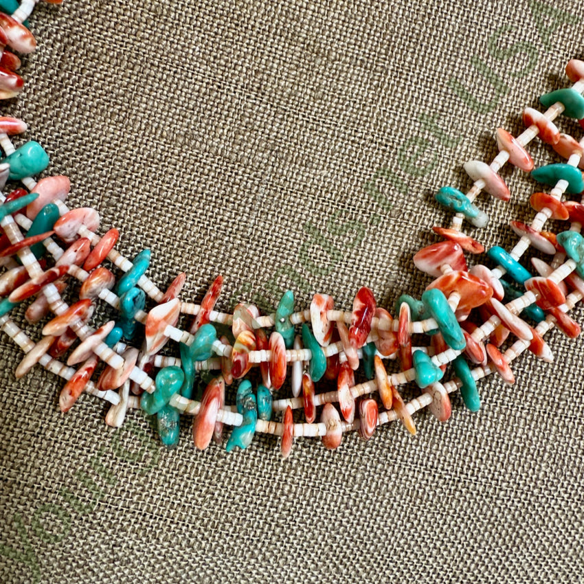 Vintage Navajo 5 Strand Turquoise & Spiny Oyster Necklace