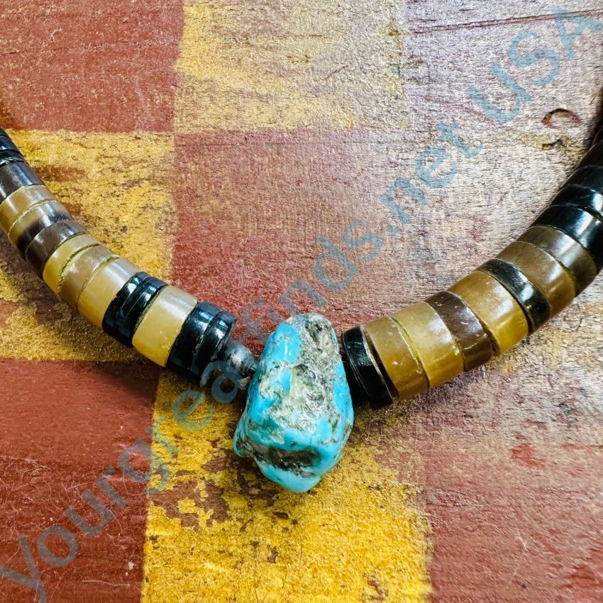 Vintage Navajo Beaded Necklace Brown Heishi & Turquoise Necklace