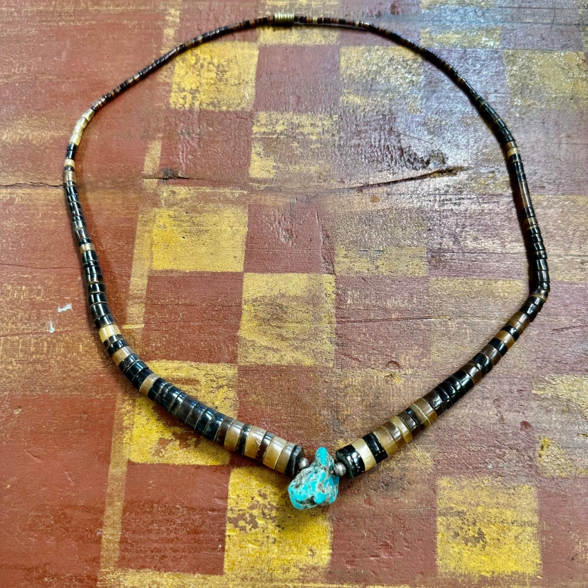 Vintage Navajo Beaded Necklace Brown Heishi & Turquoise Necklace