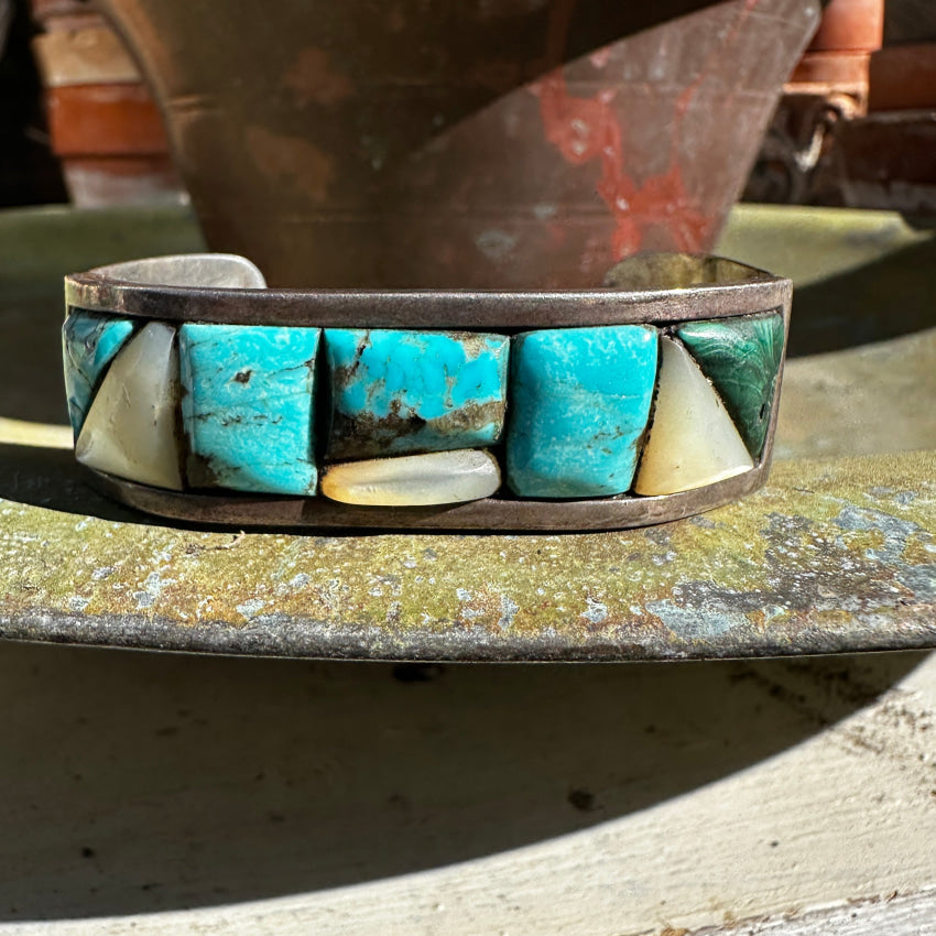 Vintage Navajo Chunky Sterling Silver Channel Inlay Turquoise Bracelet Bracelet