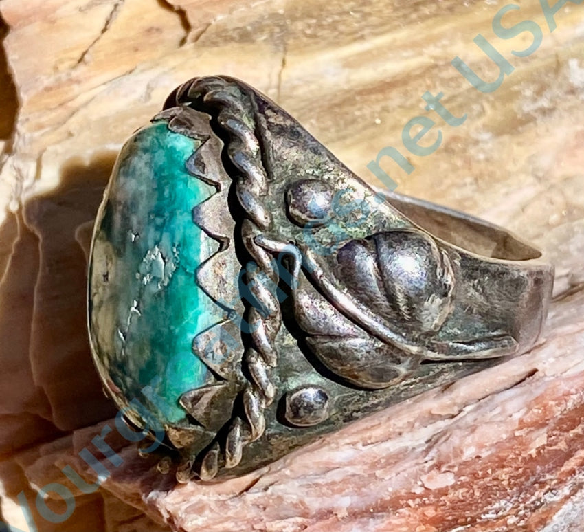 Vintage Navajo Chunky Turquoise Ring Leaves Sterling Silver Size 11 Rings