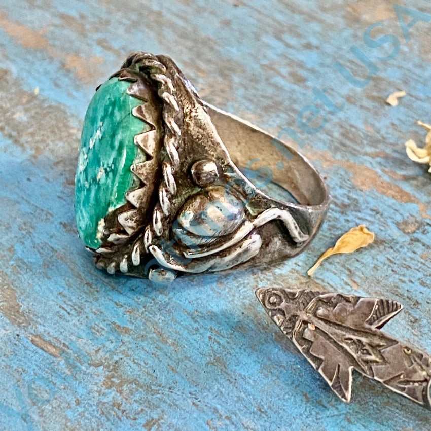 Vintage Navajo Chunky Turquoise Ring Leaves Sterling Silver Size
