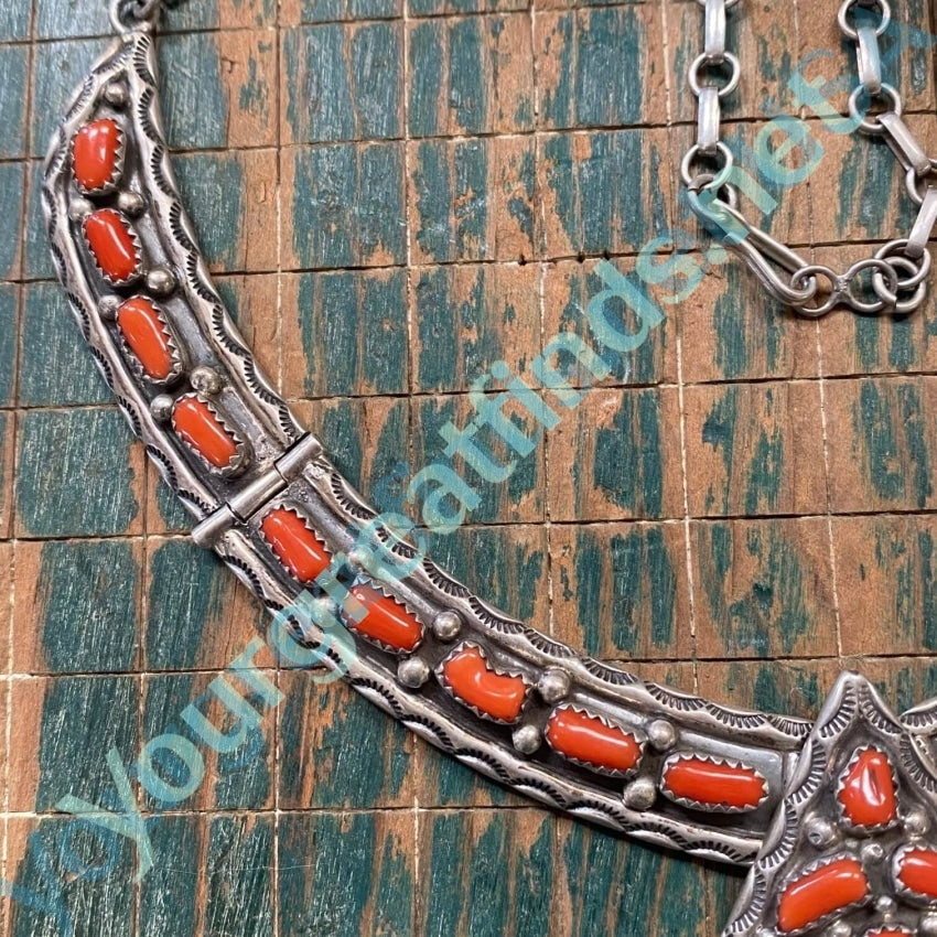 Vintage Navajo Collar Necklace 32 Red Coral Stones Sterling Yourgreatfinds