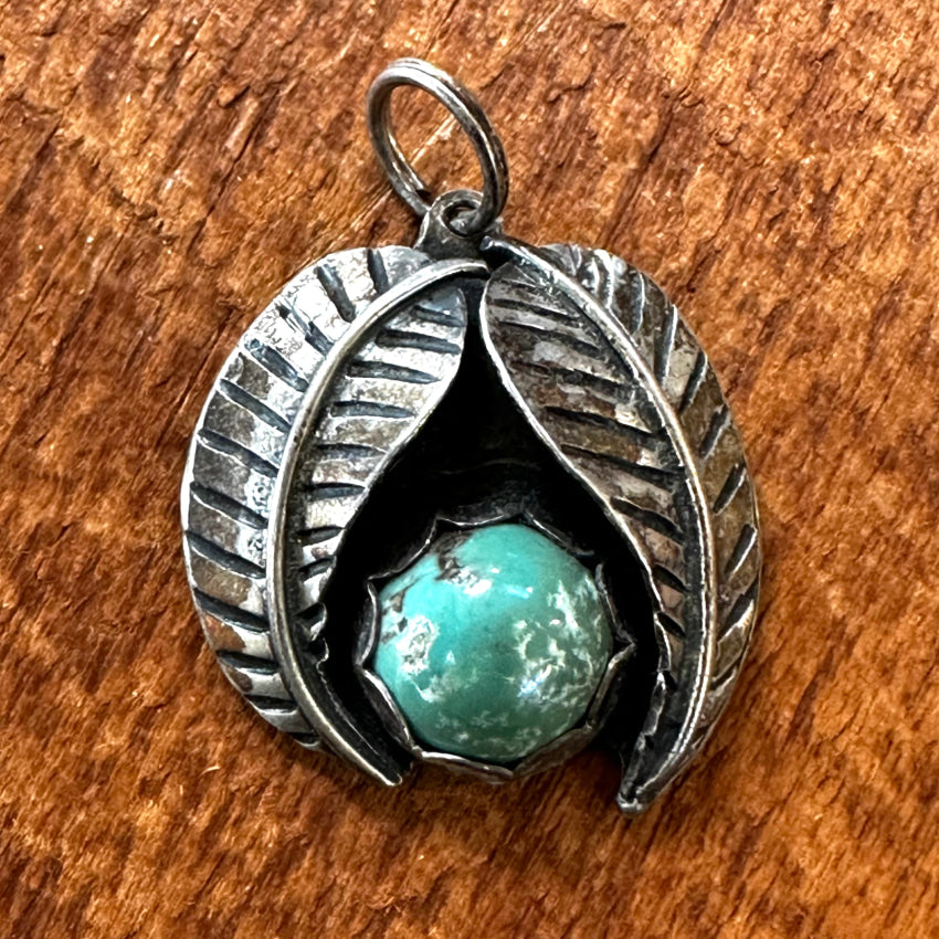 Vintage Navajo Double Feather Sterling Silver & Turquoise Pendant