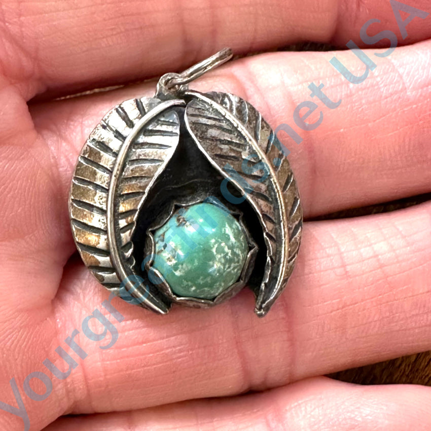 Vintage Navajo Double Feather Sterling Silver & Turquoise Pendant