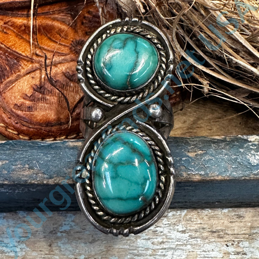 Vintage Navajo Double Turquoise Stone Long Ring Sterling Silver Size 6