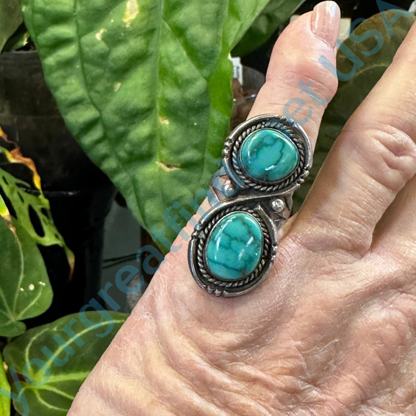 Vintage Navajo Double Turquoise Stone Long Ring Sterling Silver Size 6
