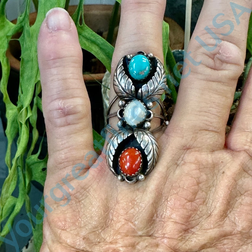 Vintage Navajo Four Feather Stoplight Long Ring Turquoise 7.25