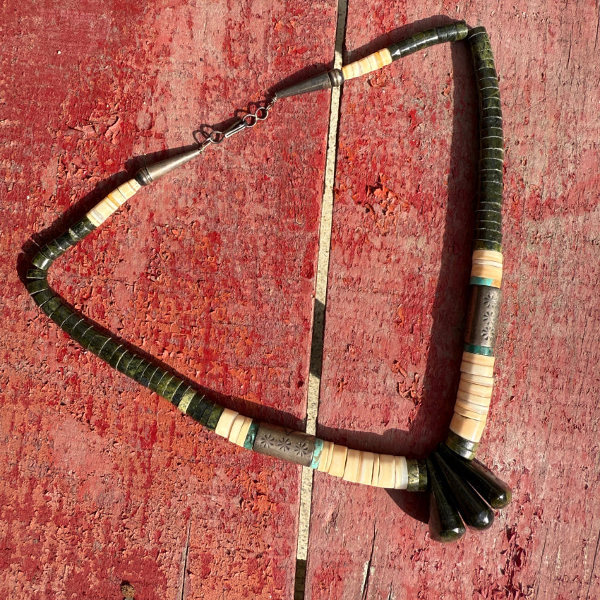 Vintage Navajo Green Serpentine Alabaster & Stamped Silver Tube Bead Necklace necklace