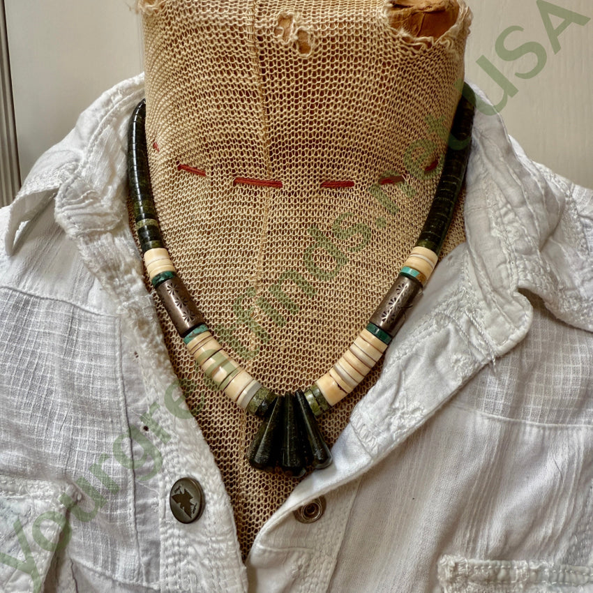Vintage Navajo Green Serpentine Alabaster & Stamped Silver Tube Bead Necklace necklace