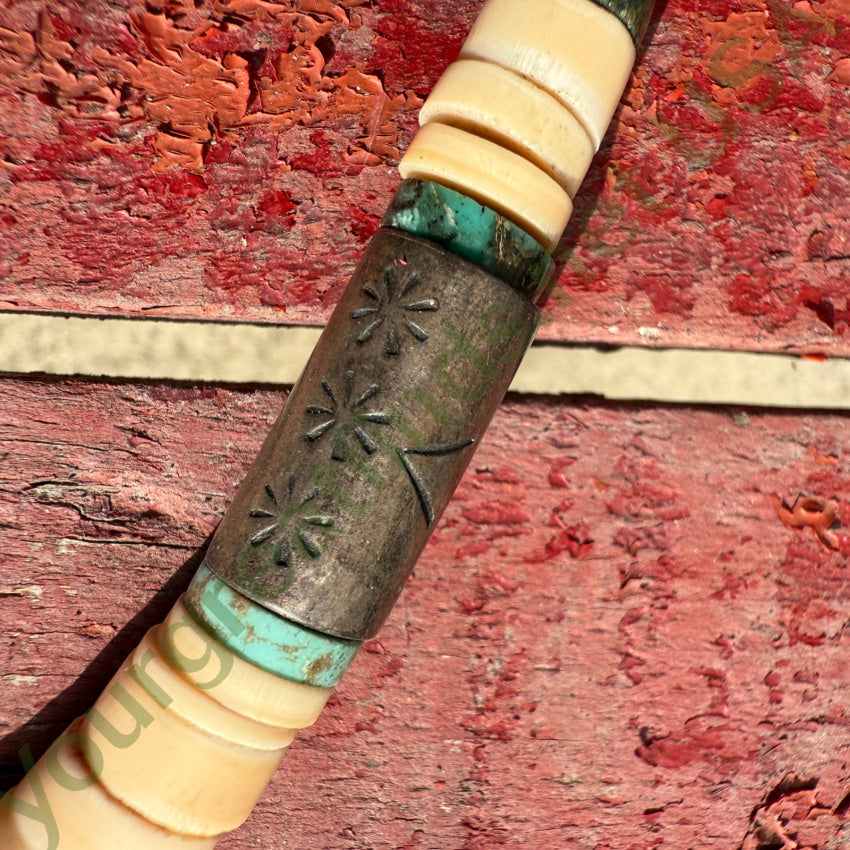 Vintage Navajo Green Serpentine Alabaster & Stamped Silver Tube Bead Necklace necklace