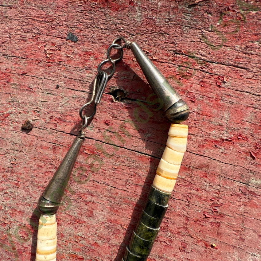 Vintage Navajo Green Serpentine Alabaster & Stamped Silver Tube Bead Necklace necklace