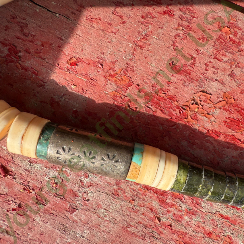 Vintage Navajo Green Serpentine Alabaster & Stamped Silver Tube Bead Necklace necklace