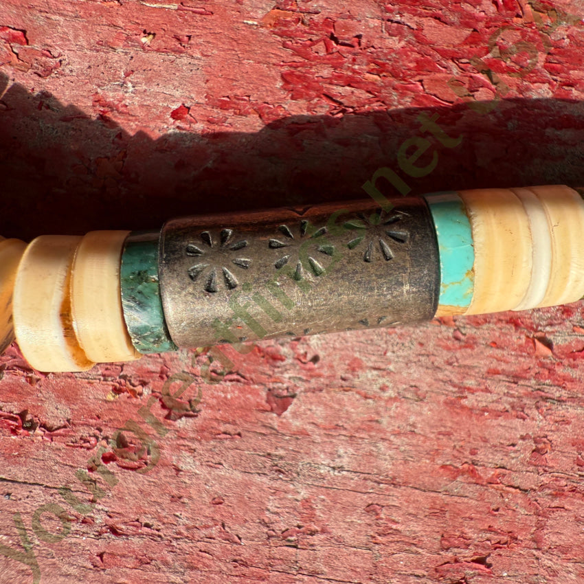 Vintage Navajo Green Serpentine Alabaster & Stamped Silver Tube Bead Necklace necklace