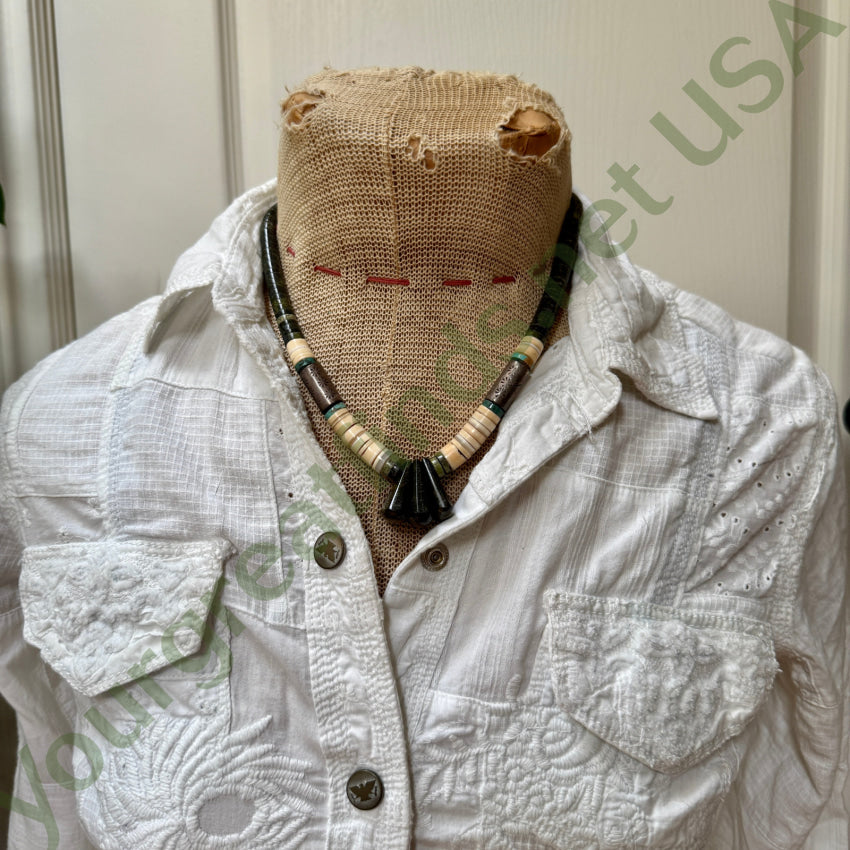 Vintage Navajo Green Serpentine Alabaster & Stamped Silver Tube Bead Necklace necklace