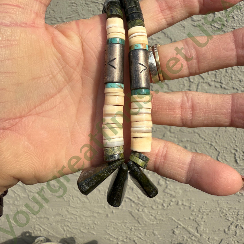 Vintage Navajo Green Serpentine Alabaster & Stamped Silver Tube Bead Necklace necklace
