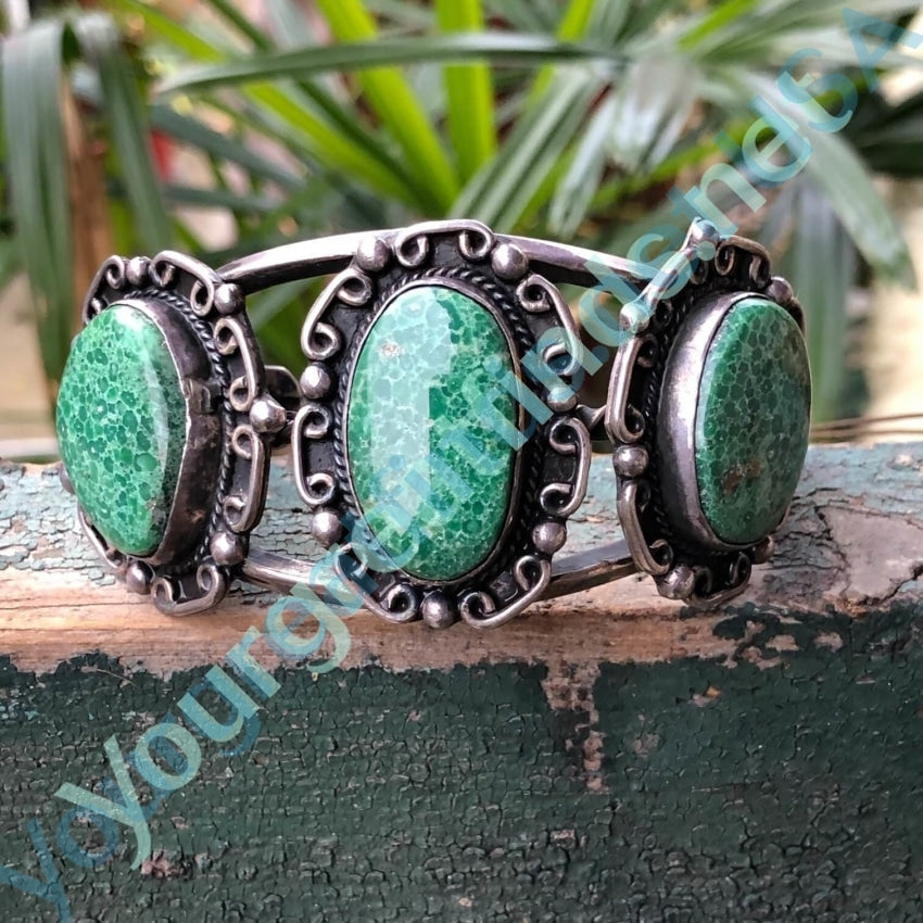 Vintage Navajo Green Variscite Triple Stone Bracelet Sterling Yourgreatfinds