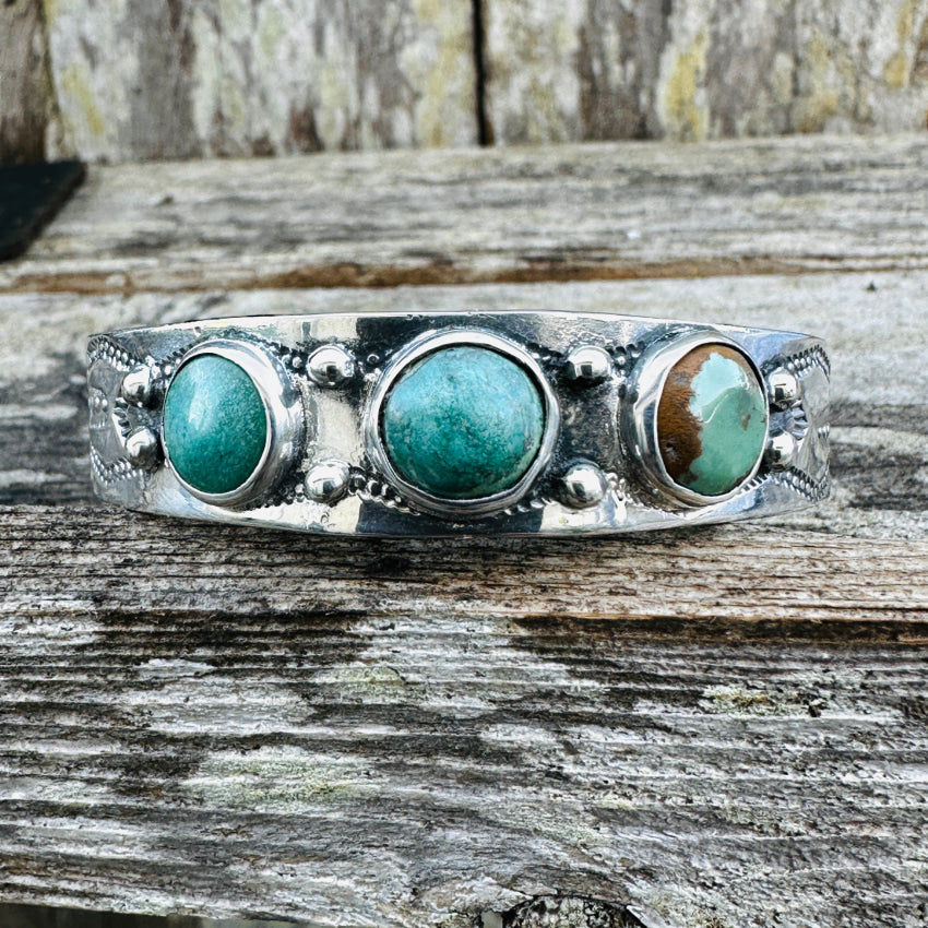 Vintage Navajo Ingot Silver & Turquoise Row Bracelet Bracelet