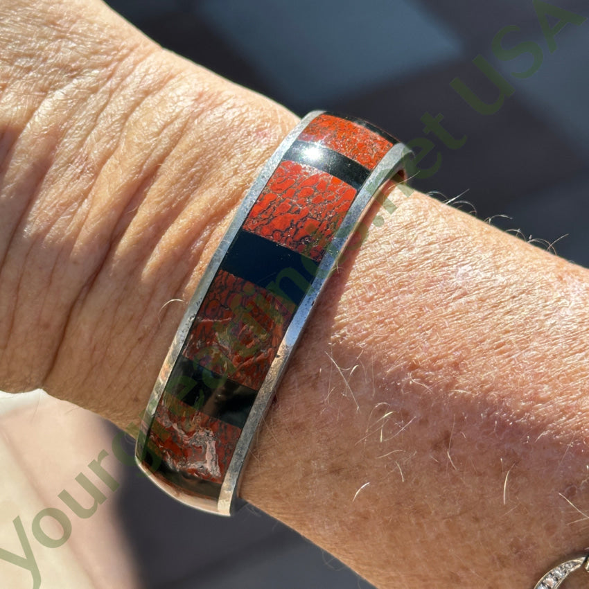 Vintage Navajo Jet & Red Dinosaur Bone Channel Inlay Sterling Silver Bracelet Bracelet