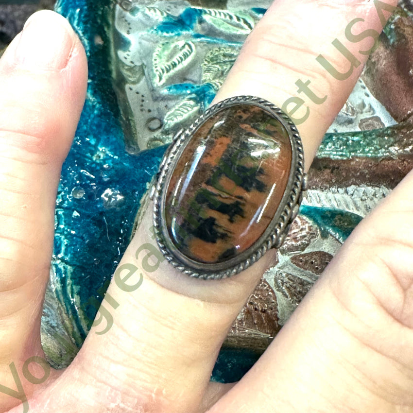 Vintage Navajo Landscape Petrified Wood Raindrop Ring Size 6 Sterling Ring